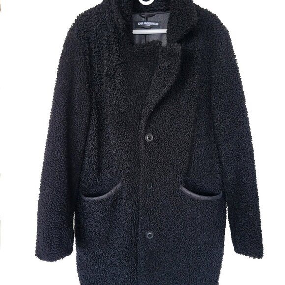 Karl Lagerfeld Paris, Men's Black Water-Resistant Faux Shearling Fur Coat - Picture 1 of 9